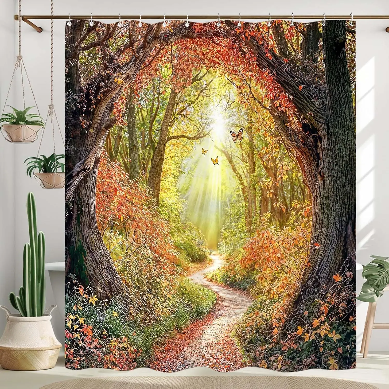 

Enchanted Forest Shower Curtain Set Winding Path Nature Print Waterproof Bathroom Shower Curtain Autumn Woodland Butterfly Home