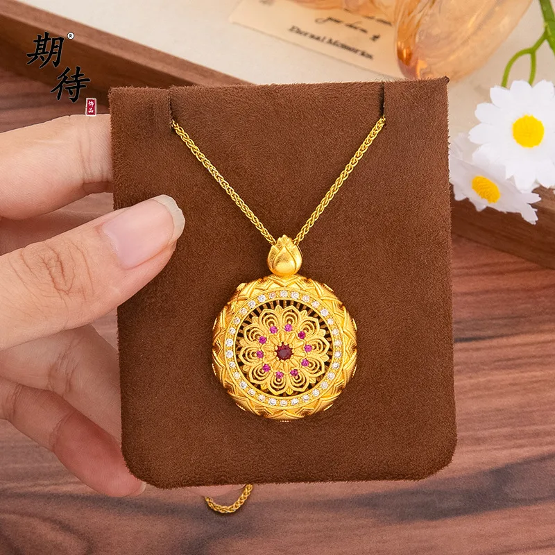 24K Gold AU999 Ruby Lotus Swastika Compass Pendant for Women, Blessing Gift Jewelry for Relatives and Friends