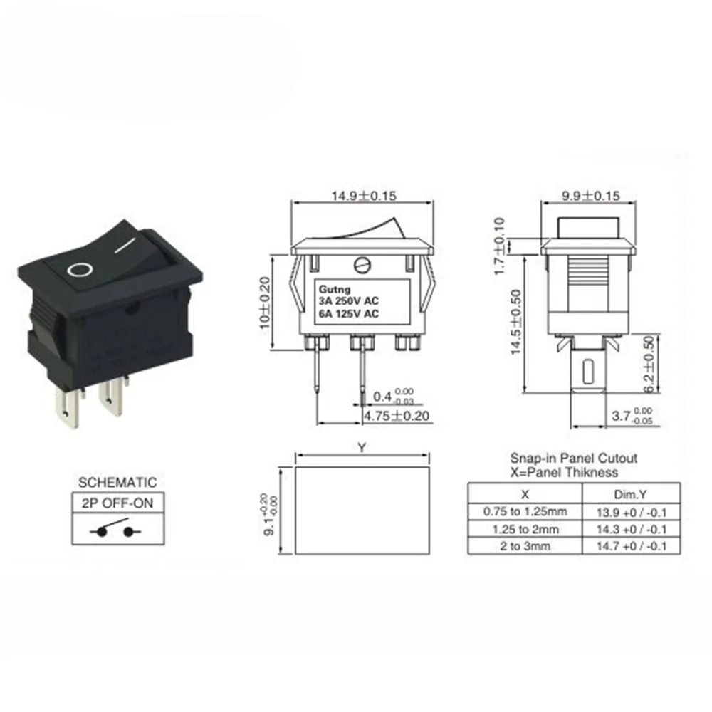 15 buah sakelar Rocker Mini SPST tombol sakelar AC 250V 3A / 125V 6A 2 Pin I/O 10*15mm tombol On-off