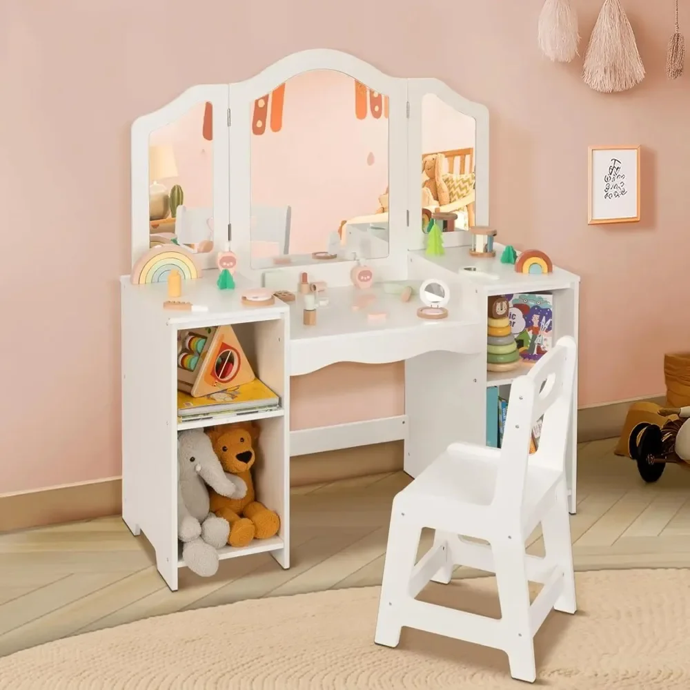 

Toddler Vanity, 2 in 1 Kids Desk with Detachable Tri-Folding Mirror, Vanity Table and Chair Set, Toddler Vanity Dressing Table