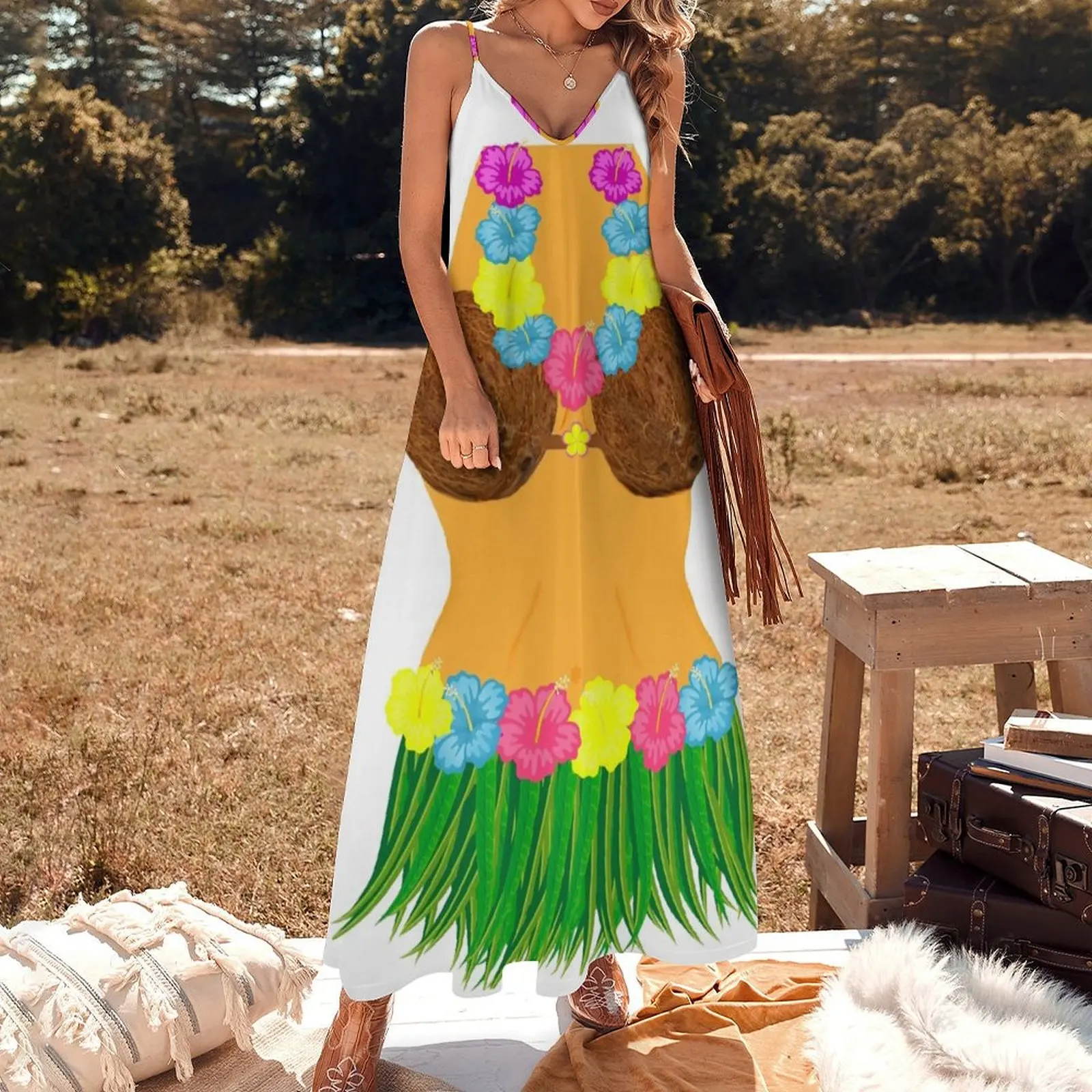 Full Body Hula Dancer Shirt With Lei Flowers Grass Skirt Coconut Bra Sleeveless Long Dress Women's clothing Dress