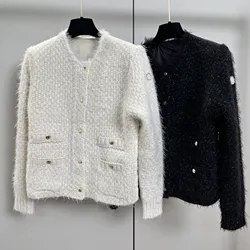 2024 High Quality Back Down Splicing Wool Jacket Women's Crew Neck Warm Temperament Elegant Beard Woolen Cardigan