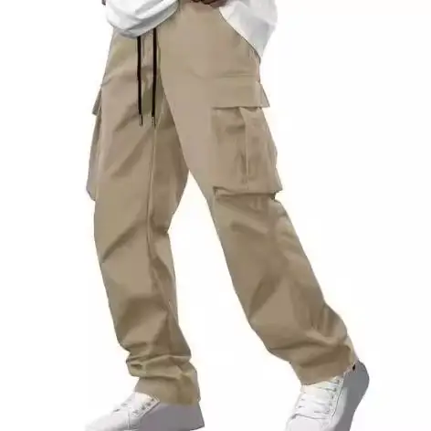 Pantaloni lunghi cargo multitasche in vita con coulisse in tinta unita da uomo Pantaloni cargo da uomo kaki con pantaloni cargo da jogging con coulisse