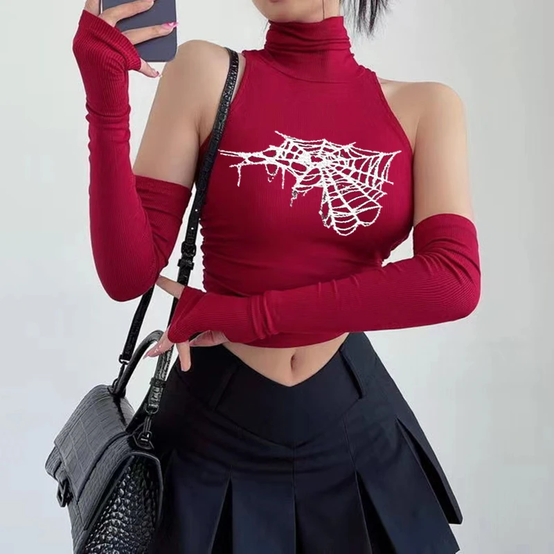 Gothic Spider Print Tank Top voor Vrouwen Zomer Y2k Tops Zwart Morsmouw Sexy Coltrui Slanke Korte Skinny Streetwear Crop Top