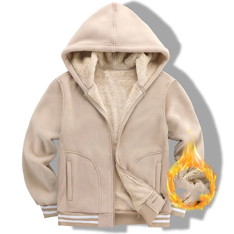 2025 Autumn Winter Men Plush Coat Striped Long Sleeve Male Outerwear Fleece Simple Versatile Comfortable Man Hooded Coat