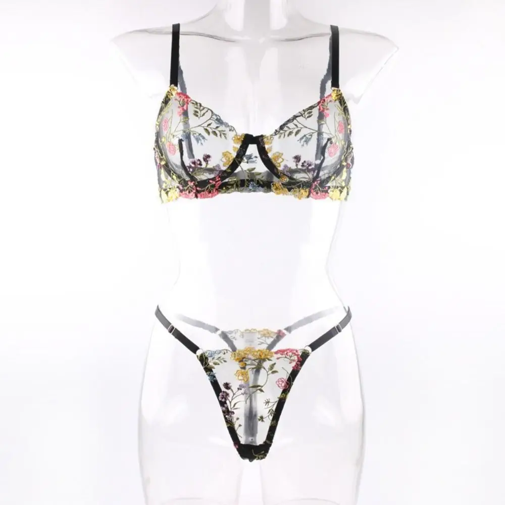 2-Piece Embroidery Lingerie Set Sexy Floral Sheer Wireless Bra Boho Bra Panty Set