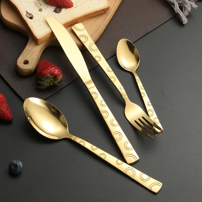 Golden Western Stainless Steel Cutlery Set Thickened  Printed Spoons Forks Knifes Dinnerware Set Tableware Kitchen Utensils