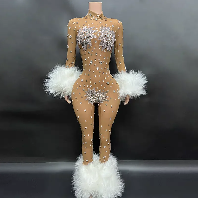 Evening Dress Singer Stage elasticity Show Dresses Costume Sexy Shining Rhinestones  Feathers Long Sleeve Bodycon Jumpsuit