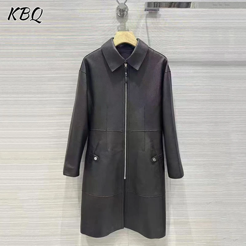 

KBQ Solid Patchwork Pockets Chic PU Windbreaker For Women Lapel Long Sleeve Spliced Zipper Streetwear Trench Female Fashion New