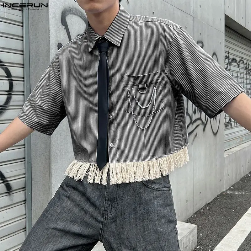 INCERUN Men Shirt Striped Tassel Patchwork Lapel Short Sleeve Men Clothes Summer Oversize 2026 Fashion Tops Camisa Streetwear