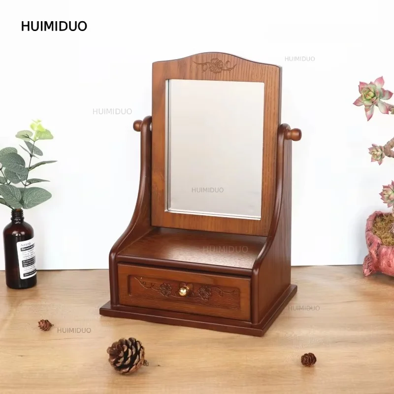 Wooden Desktop Makeup Mirror Storage Organizer Vintage Vanity Dressing Table 360° Rotatable Girls Home Decor
