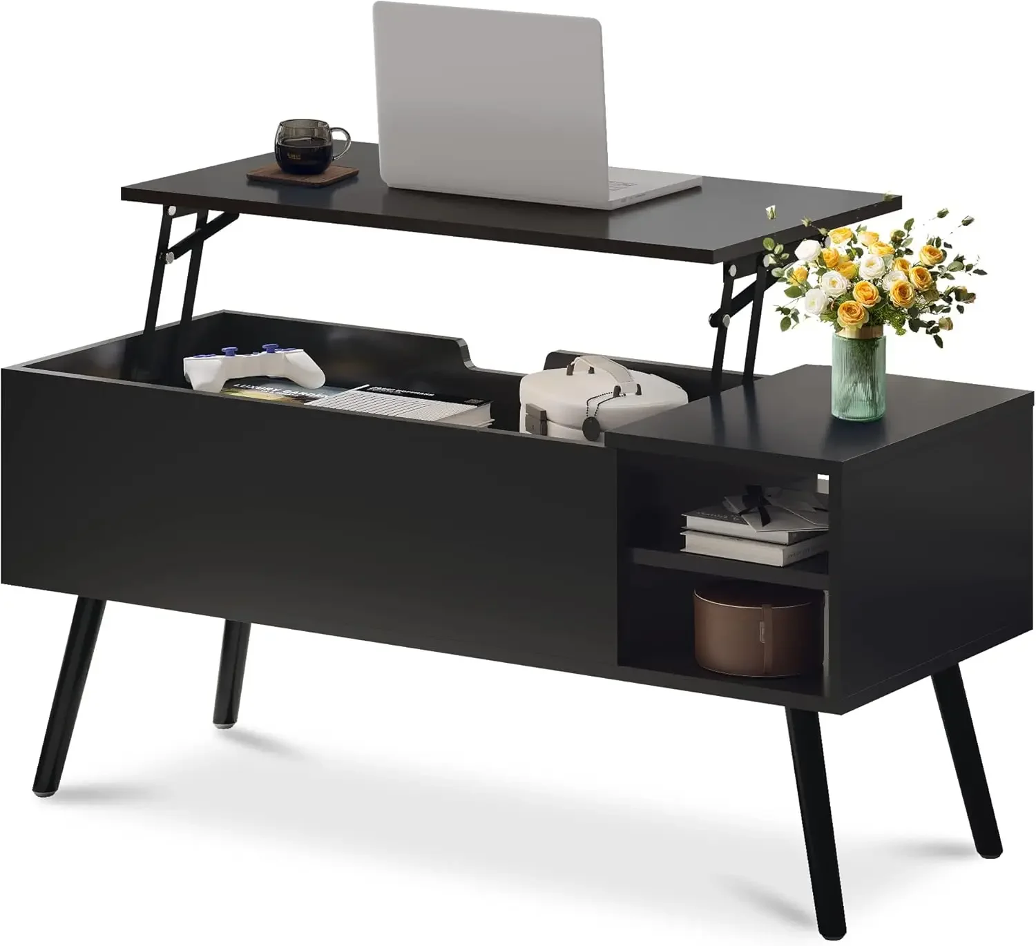 Mesa de centro con tapa elevable, mesa de centro negra con tapa elevable y compartimento oculto, mesa de centro rectangular de madera, elevación