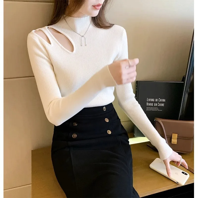 JY New Knitted Half High Neck Hollow Pullover for Women's Bottom Sweater Elegant and Fashionable Long Sleeve Knitted Sweater