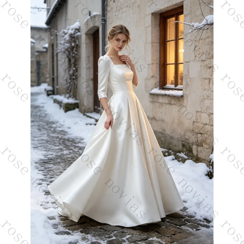 Customized Square Neck Three Quarter  Ballgown Wedding Dress Classic Minimalist Chapel Train Modest Bridal Gown For  Wedding