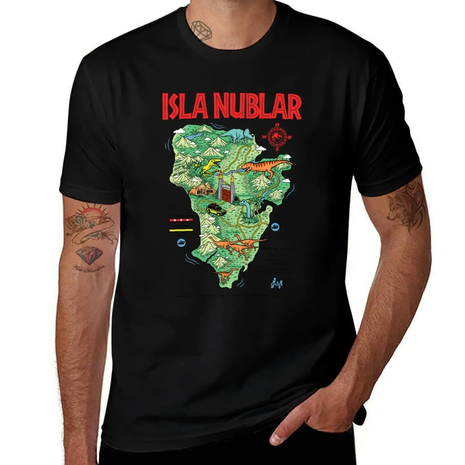 

Jurassic Park Isla Nublar Retro Tropical Dinosaur Park Map T-Shirt man t shirt designer t shirts for man pack cotton