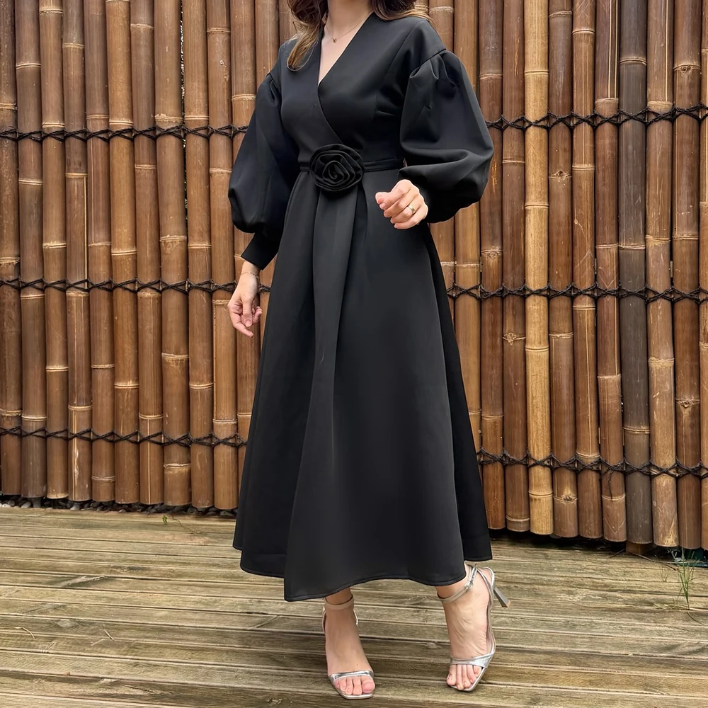 فساتين سهرة مخصصة على شكل حرف a طول الشاي ورقبة على شكل حرف v وأكمام طويلة فستان حفلات موضة الزهور وشاحات بسيطة ثنيات فستان حفلة غير رسمي #3