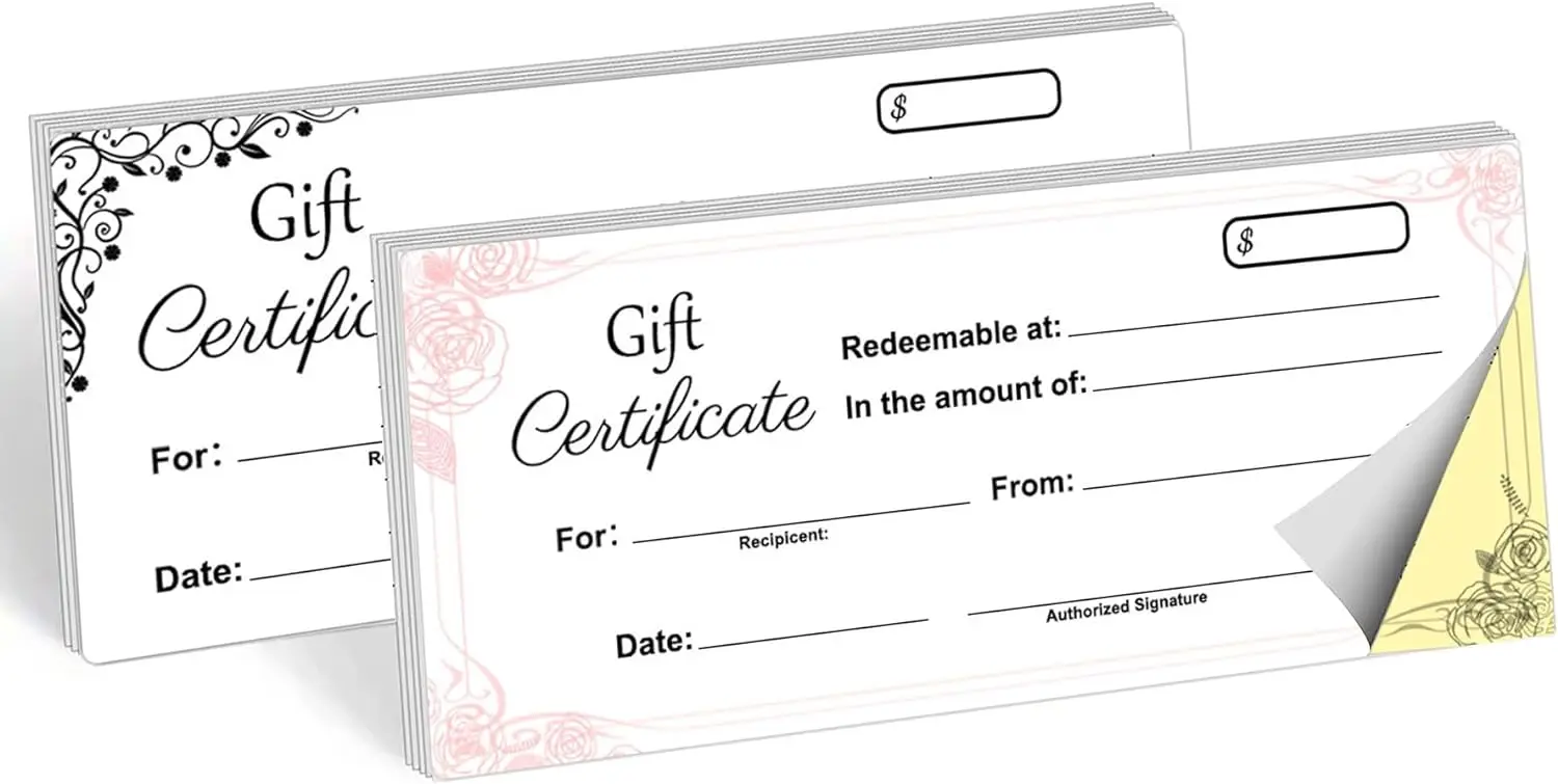 Gift Certificate Book 2 Part Carbonless Copy Paper Pad Gift Certificate Suitable for Businesses Restaurants Malls 3.5x8Inch