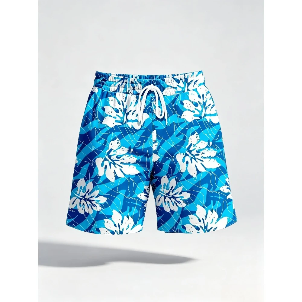 Men Swim Trunks Quick Dry Hibiscus Palm Leaf Floral Print Board Shorts Elastic Drawstring Waist Beach Pockets for  Vacation Surf