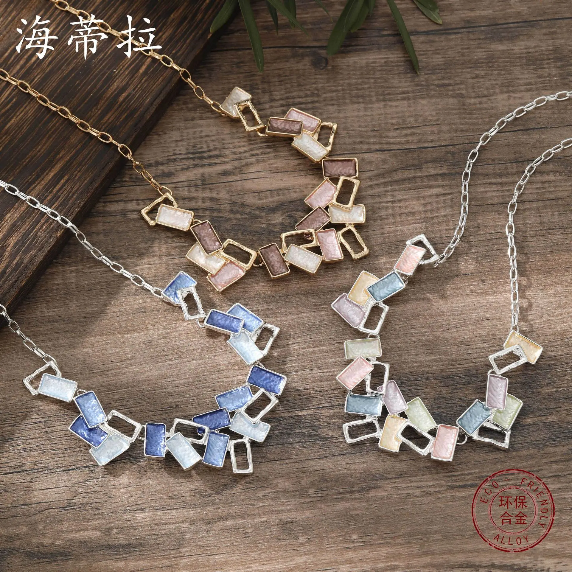 new color painting oil geometric hollow square neck chain personalized creative women's high sense irregular neckla