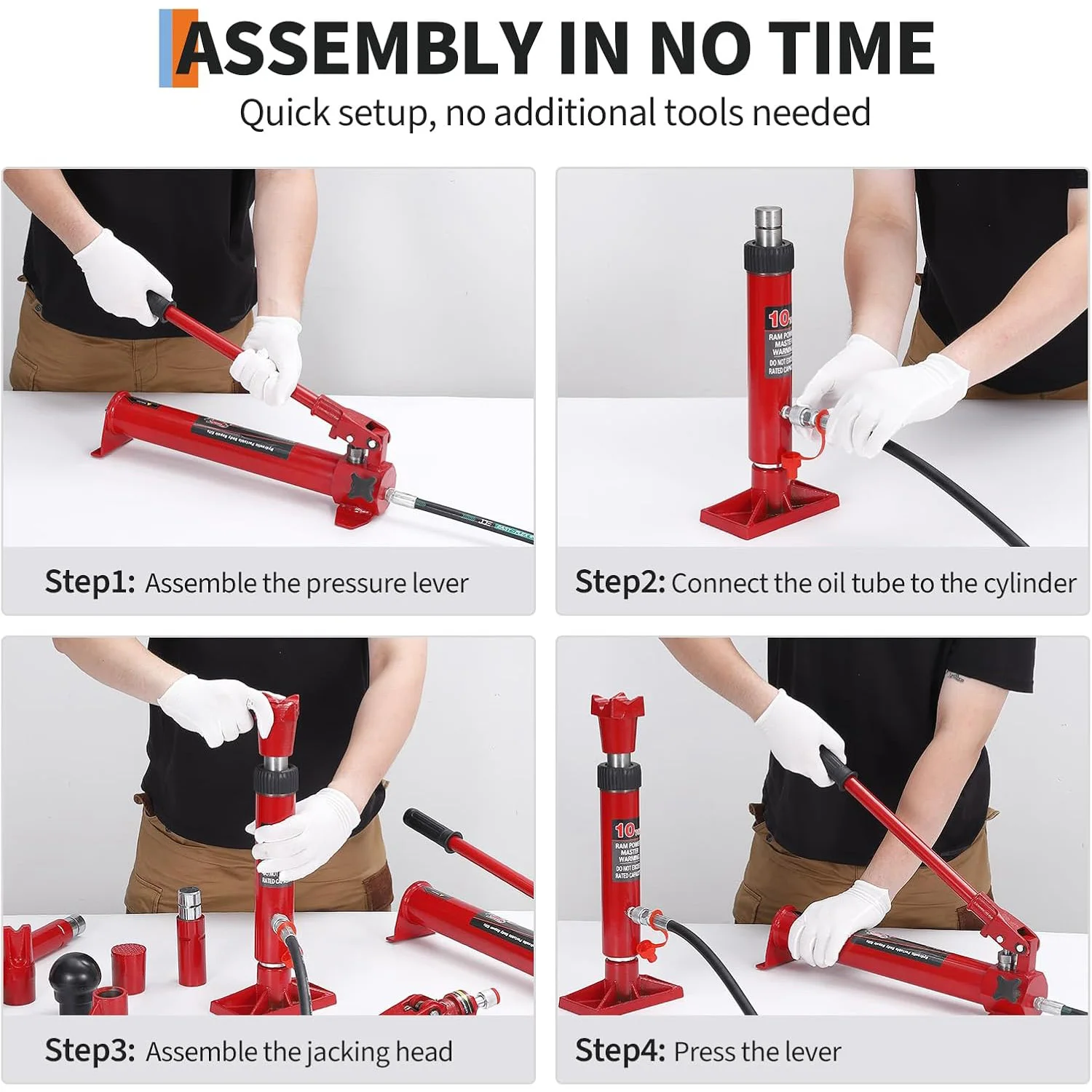 طقم جاك هيدروليكي 10 طن، طقم طاقة بورتا مع مضخة مع خرطوم زيت 4.6 قدم/1.4 متر، جاك هيدروليكي محمول مع حقيبة تخزين