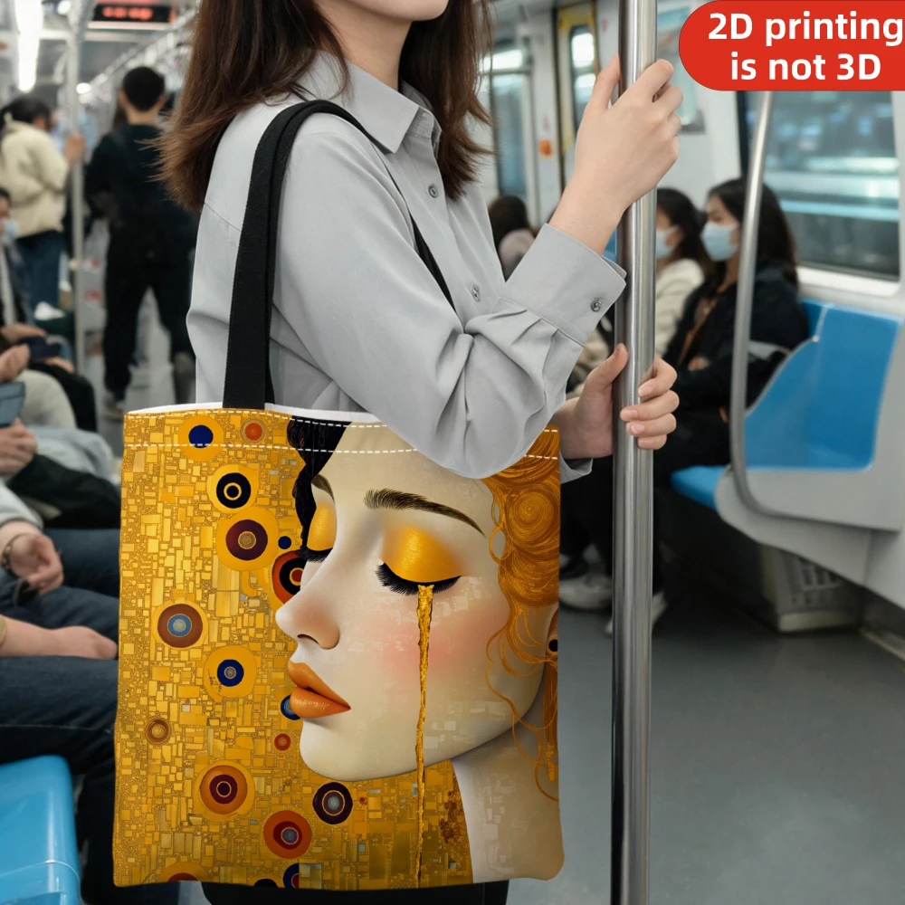 1Pc 2D Printing Handbag Artistic Golden Face Print Tote Bag For Subway Commute Shopping Travel Daily Use Fashion Shoulder Bag