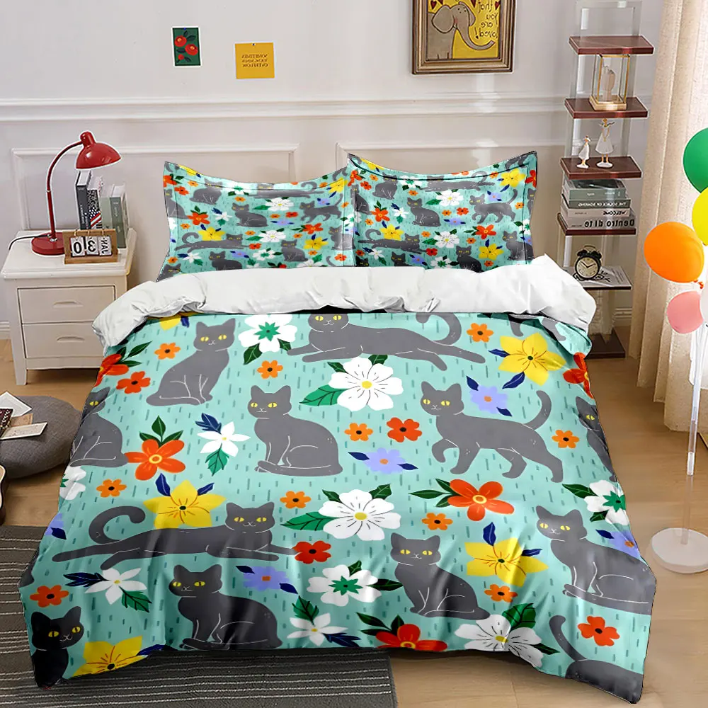 Gray Cats and Colorful Flowers Pattern Bedding Set 1 Duvet Cover 2 Pillowcases for Adult and Children Luxury Gift Full Size
