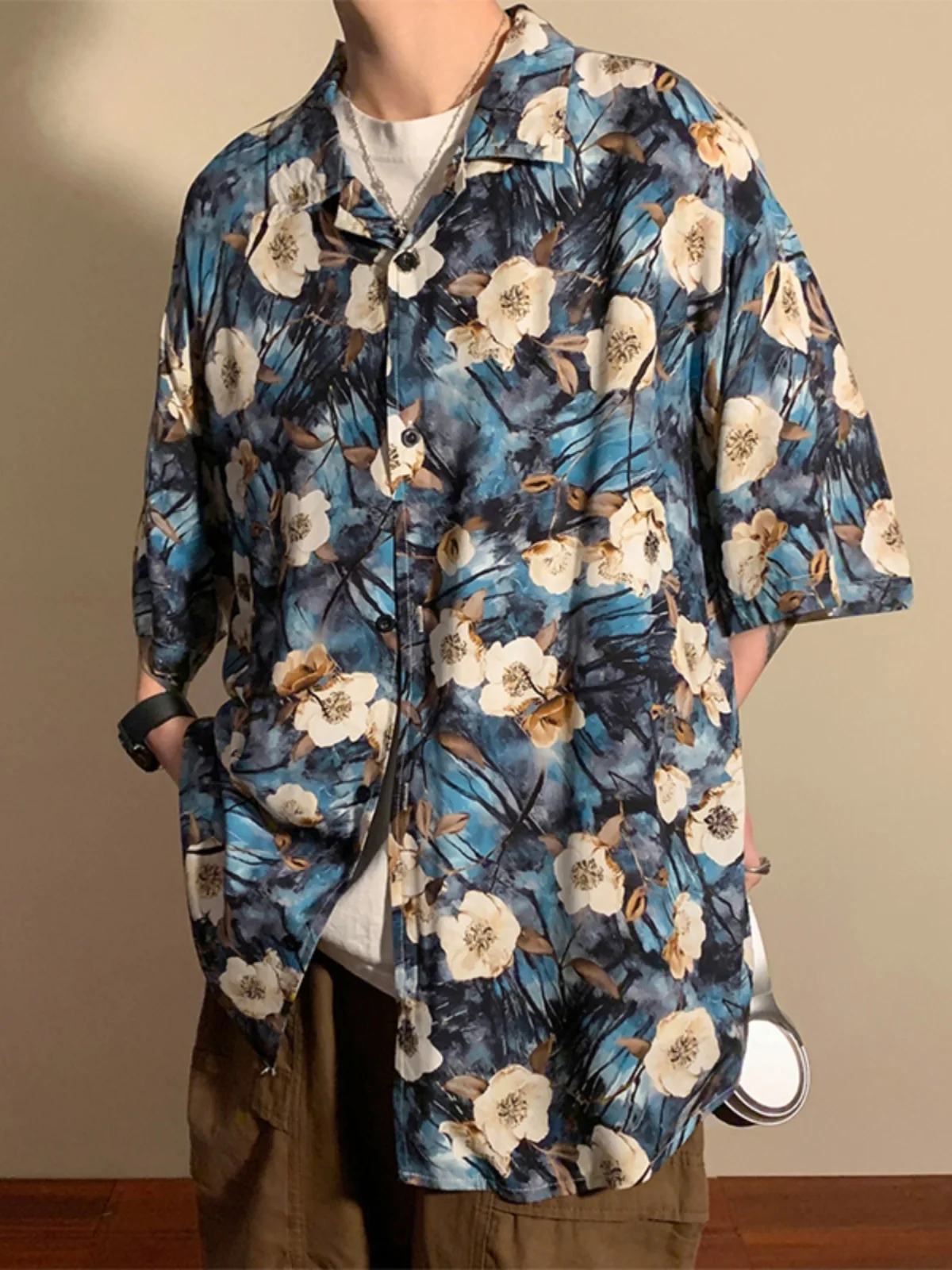 

Cuba Collar Ice Silk Short Sleeve Shirt Floral Print Summer Thin Outerwear for Boys Beach Style Loose Fit Youth Trend