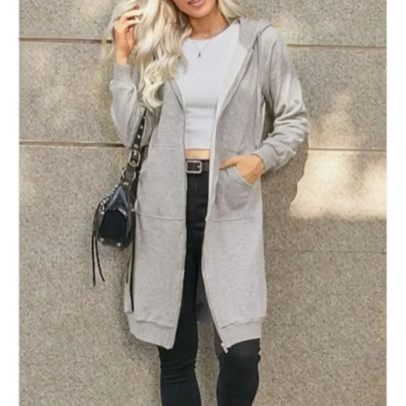 Autumn and Winter Casual Drawstring Hooded Long Sleeve Jacket Full Zip Up Womens Long Hoodies Fashion Sweatshirt with Pockets