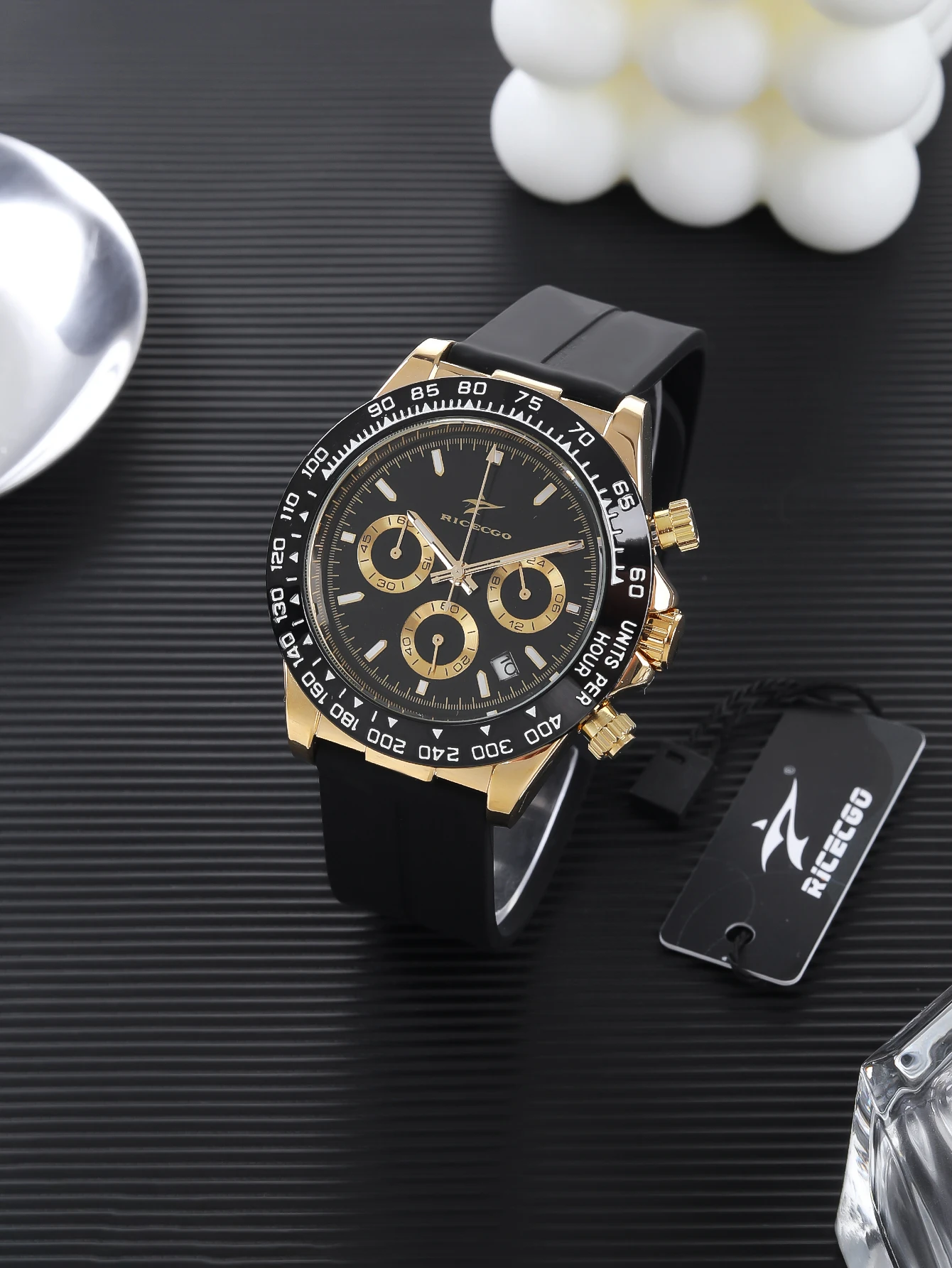 ساعة Ricecgo ثلاثة عيون ستة دبابيس أنيقة للرجال، ساعة كوارتز، تقويم كرونوغراف متعدد الوظائف، ساعة مطاطية، جودة عالية، لهدايا العطلات #3