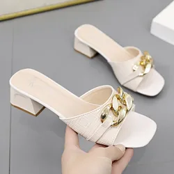 2024 New Large Size Sandals and Slippers Fashion Chain Plaid High Heel Thick Heel Square Toe Rubber Sandals for Women