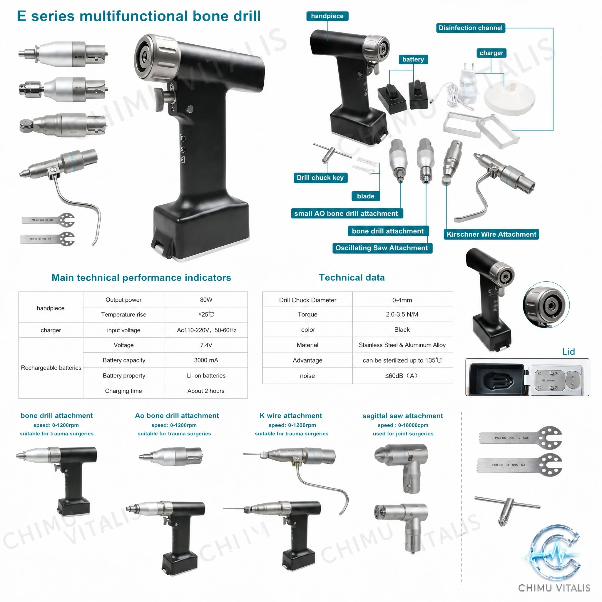 【CHIMU VITALIS】Multifunctional Electric Drill System with K-Wire and Saw Attachments, Battery Powered