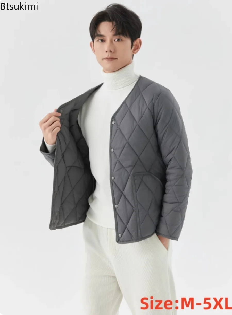 Men's Solid Color Argyle Casual Warm Padded Jacket Young Man Winter New Lightweight Single-breasted Padded Jacket with Pockets