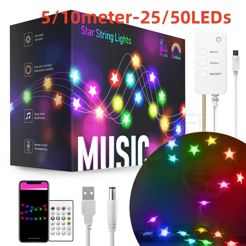 

5m/10m 5V Star Led Fairy Lights Music Sync Twinkle Smart Bluetooth APP Remote Control Outdoor Holiday Party Wedding Decor Light