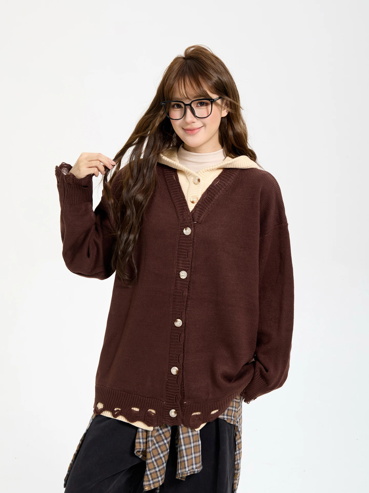 

7KEEWEN Осенне-зимний американский вязаный кардиган-свитер с капюшоном, имитация двухслойности, в стиле Street Style, для женщин