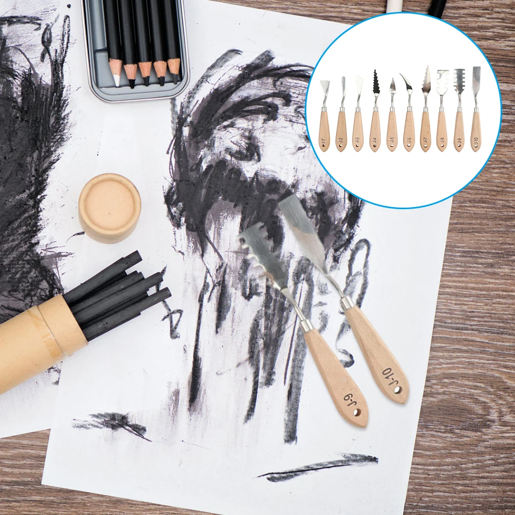 

10Pcs Oil Painting Spatulas Wooden Handle Metal Scrapers for Pigment Mixing Stirring Painting Tools Color Mixing Spatulas