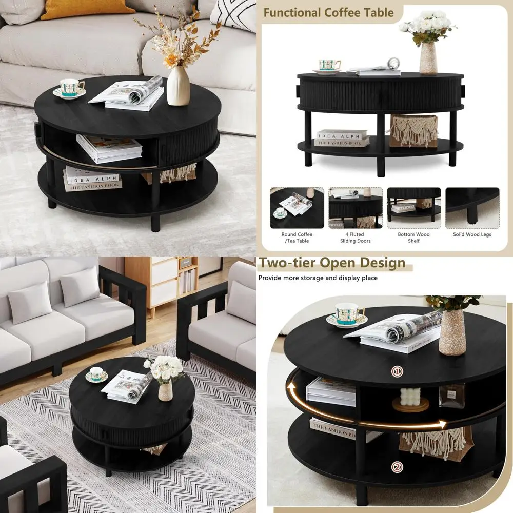 Mid Century Modern Round Coffee Table with Storage and Tambour Sliding Door, 2 Tier Design, Solid Wood Legs and Fluted Detail