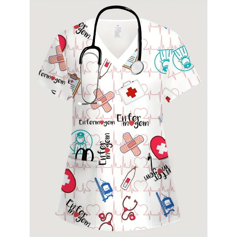 ممرضة موحدة امرأة الحيوان نمط الطباعة مريحة الطبيب البيطري فرك موحدة موضة قصيرة الأكمام مع جيب موحدة ممرضة امرأة #6