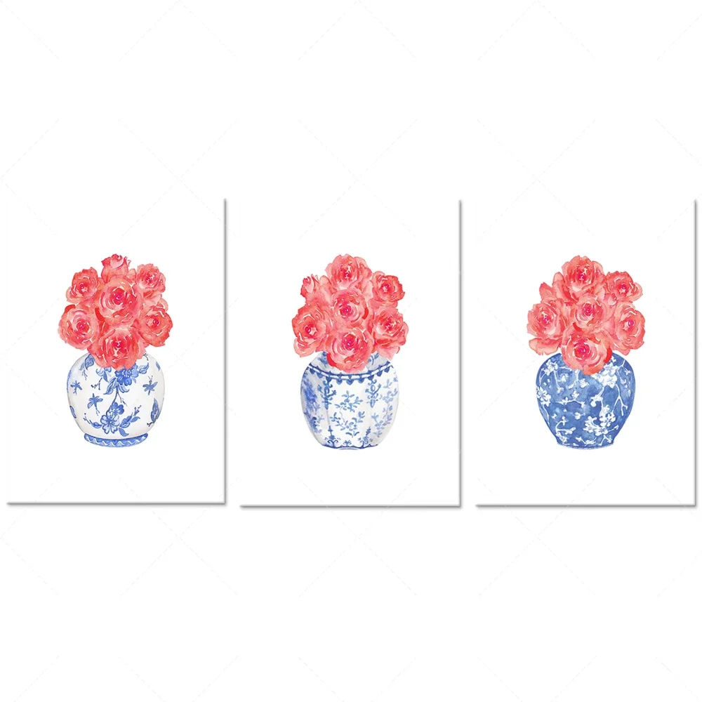 Aquarelle Roses Chinoiserie Printable Art Set 3, Chinoiserie art download poster