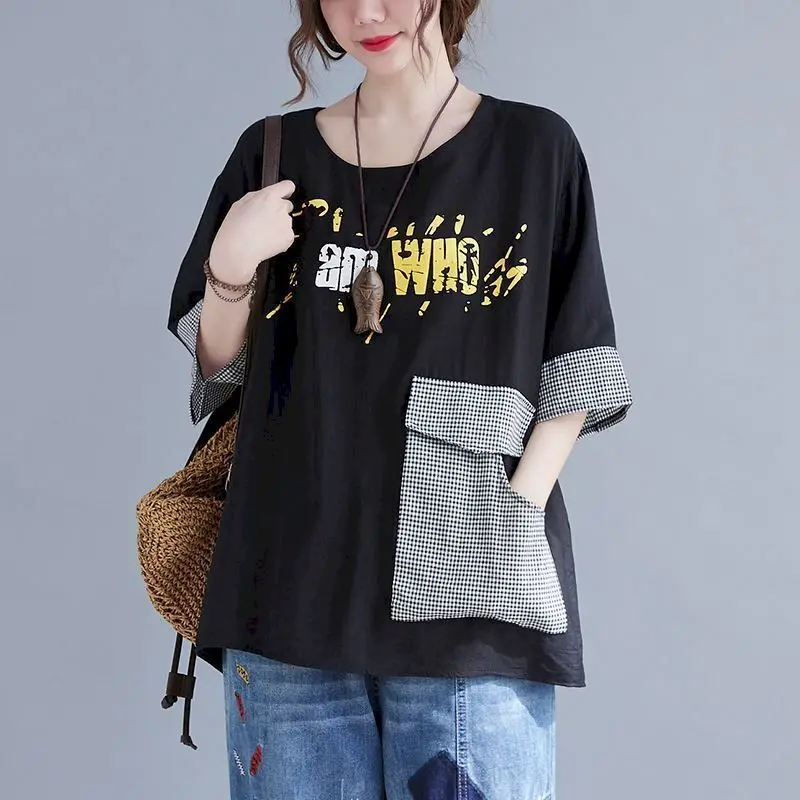 

Cotton Linen Short-sleeved T Shirt Women Summer Korean Plaid Stitching Design Sense T-shirt Fashion Casual Loose Big Pocket Tops