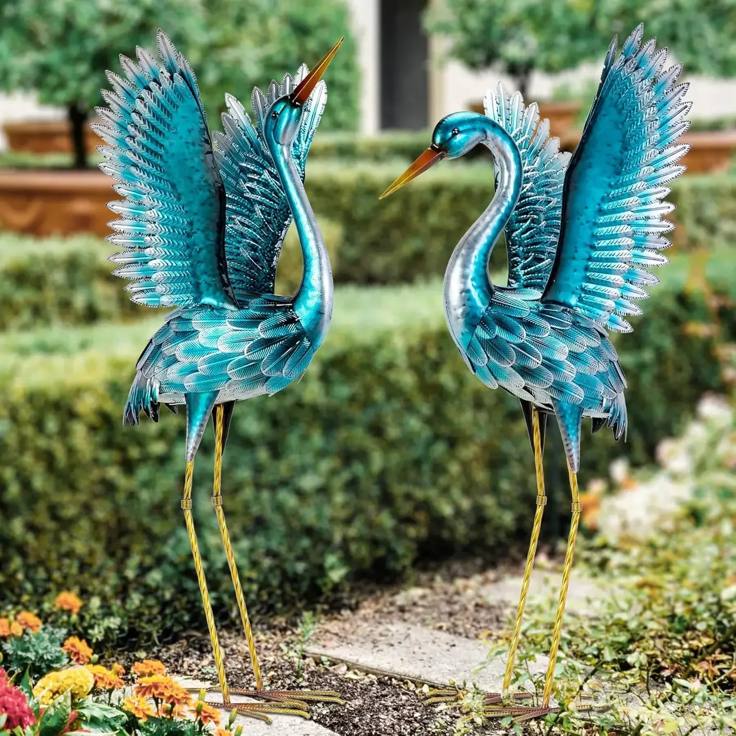 Crane Statues for Outdoor, Blue Heron Decoy Garden Sculptures, Standing Metal Bird Yard Art for Patio Pond Backyar