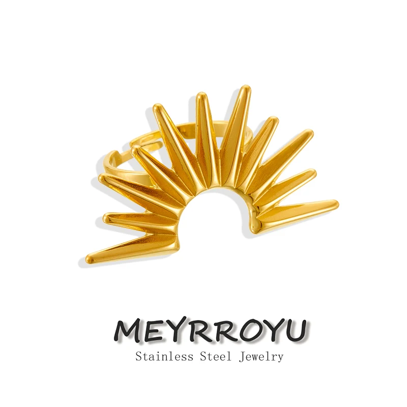MEYRROYU 316L Stainless Steel Golden Irregular Geometric Sun  Adjustable Opening Ring For Women Classic Waterproof Jewelry Gift