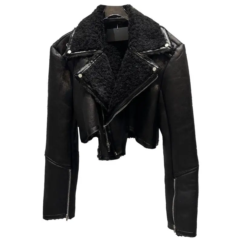 معطف Jaet من الجلد الصناعي للدراجة النارية لشتاء 2025 من Faionable بياقة من الفرو المتكامل وسحّاب طويل معطف نسائي #5