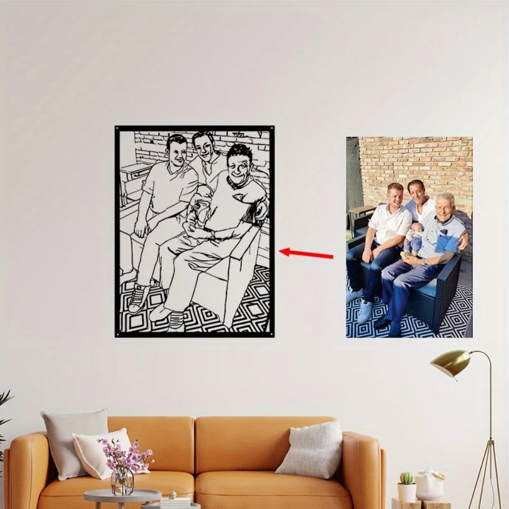 [2D Flat] Custom Multi-Generation Family Portrait Metal Plaque, Photo Convert To Black Line Art Wall Decor (Only For Decoration)