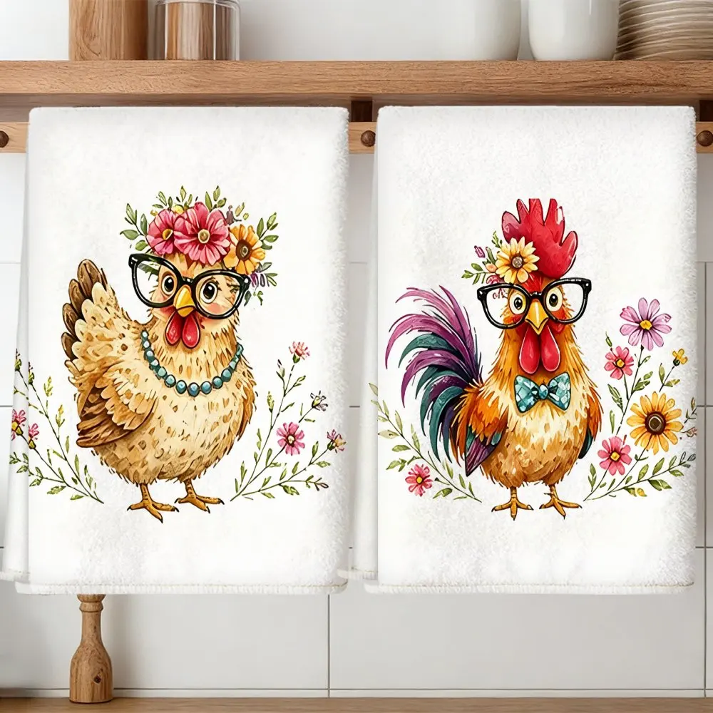 2-Pack kitchen rag, soft absorbent microfiber dishcloth, cleaning decoration, flower chicken kitchen rag dishcloth