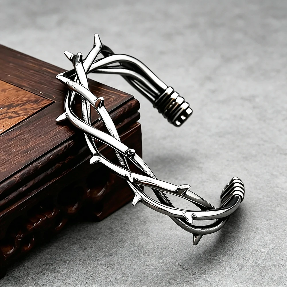 Stainless Steel Twisted Thorn Open Cuff Bracelet Men Women Crown of Thorns Faith Guardian Amulet Jewelry Gift Dropshipping