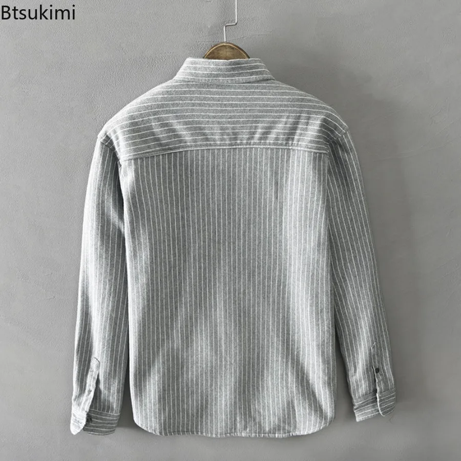 100% Cotton Long Sleeve Shirts for Men Autumn Winter Fleece Liner Thicker Warm Shirts Classic Striped Men Business Casual Shirts