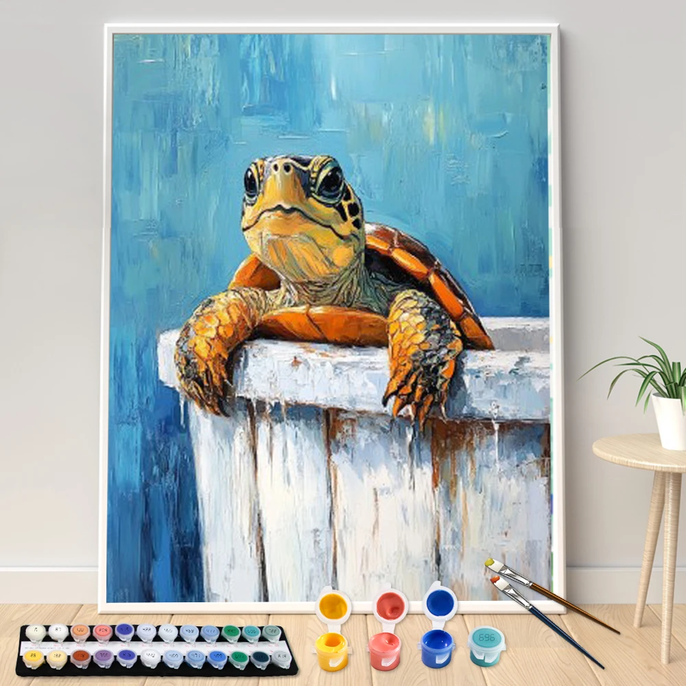 اليد اللوحة السلحفاة في حوض الاستحمام المشهد اللوحة بواسطة أرقام عدة DIY الفني Canva الفن هدية تزيين المنزل #2