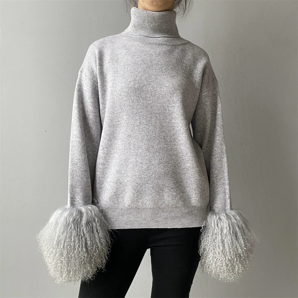 Jxwatcher Women's Sweater with Real Mongolian Sheep Fur Cuffs Ladies Knitted Tops   Fall Winter Fashion Wool Blend Kint Pullover