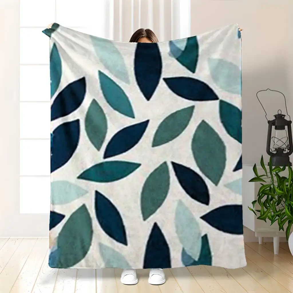 1pc Navy blue and green leaf pattern blanket, polyester fabric, machine washable, suitable for bedroom and living room décor.