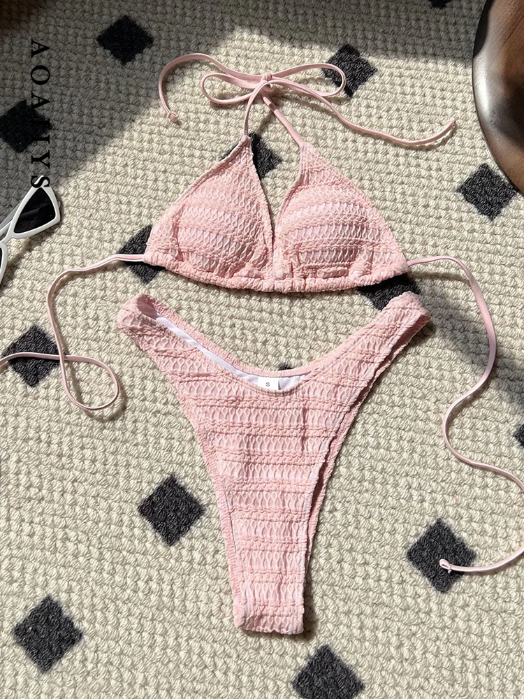 

Aoaiiys Pink Bikini Set Women Swimsuit Lace Up Halter Two-Piece Female Swimwear Bathing Backless Summer Fashion Female Beachwear